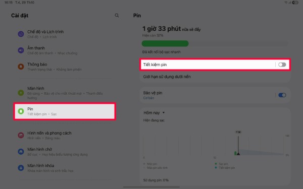 Mở Cài đặt → chọn Pin → bật Tiết kiệm pin