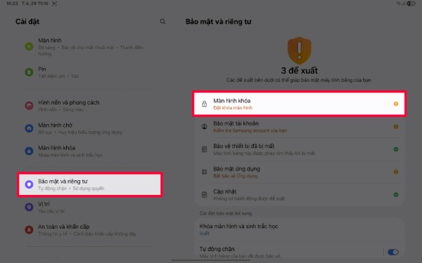 Chọn Bảo mật và riêng tư → Màn hình khóa