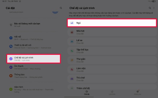 Mở Chế độ và Lịch trình và chọn tính năng phù hợp