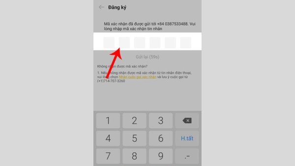 Điền chính xác mã OTP