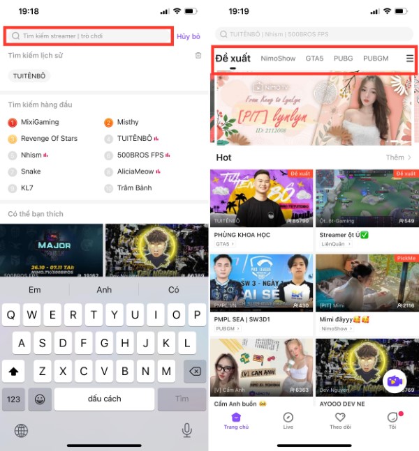 Tìm nội dung bằng thanh tìm kiếm