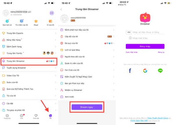Chọn Trung tâm Streamer > nhấn Stream 