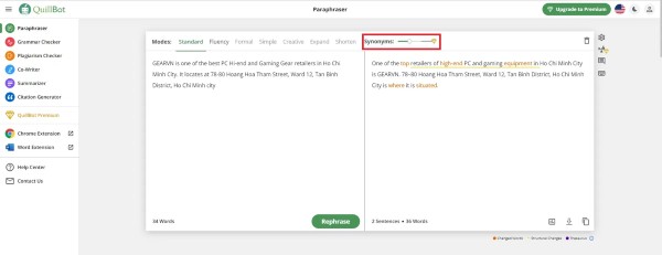 Chọn chế độ paraphrase