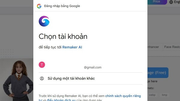 Chọn tài khoản Google để đăng ký