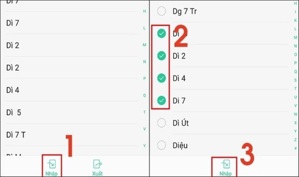 Chọn Nhập → tick các liên hệ muốn sao chép