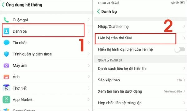Chọn vào Liên hệ trên thẻ SIM