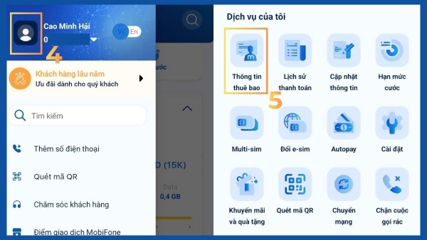 Chọn mục Thông tin thuê bao 