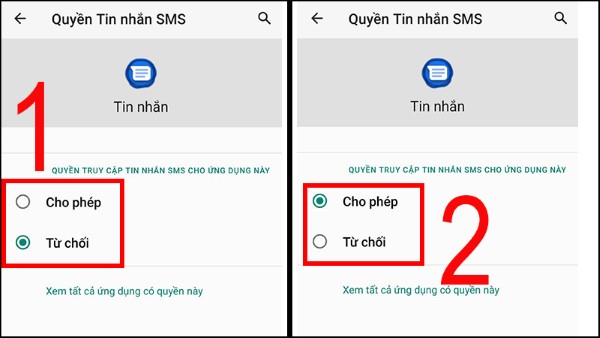 Cấp quyền cho ứng dụng tin nhắn SMS