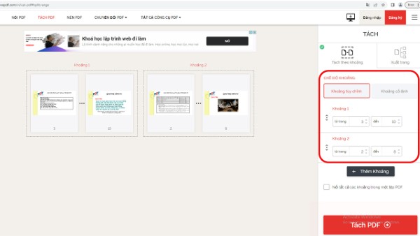 Nhấn “Chế độ khoảng” và thực hiện tách PDF