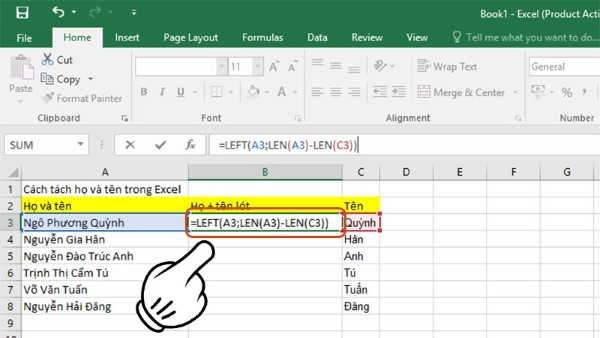 Nhập công thức tại ô B3 của cột Họ và tên lót