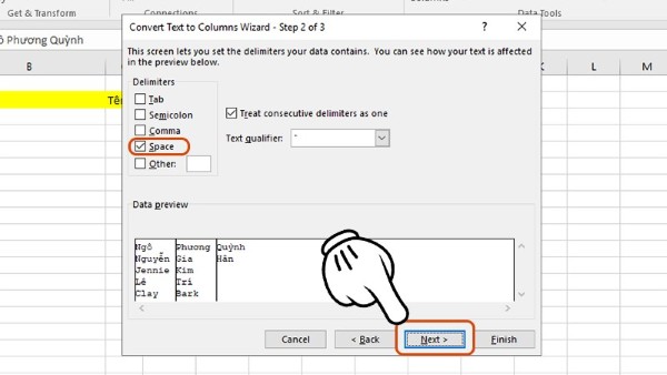 Đánh dấu vào ô Space → Next