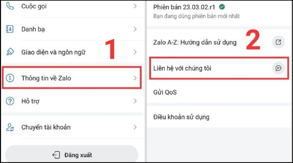 Chọn Thông tin về Zalo → Liên hệ với chúng tôi