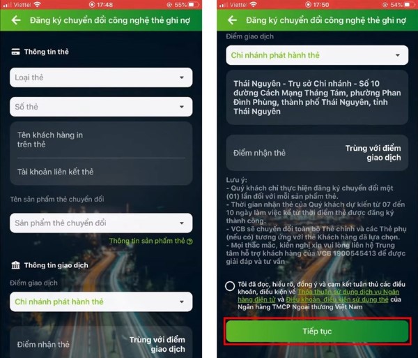 Chọn chi nhánh nhận thẻ hoặc gửi thẻ về nhà