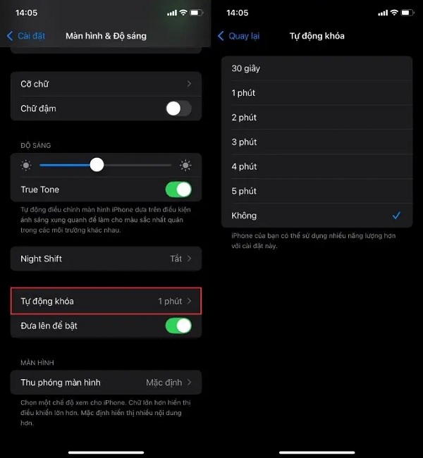 Thay đổi thời gian tự khóa để điều chỉnh độ sáng trên màn hình iPhone