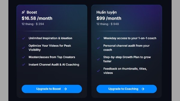 Bảng giá VidIQ cung cấp đa dạng  gói dịch vụ 