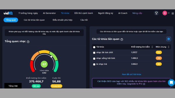 Công cụ nghiên cứu từ khóa trên VidIQ 