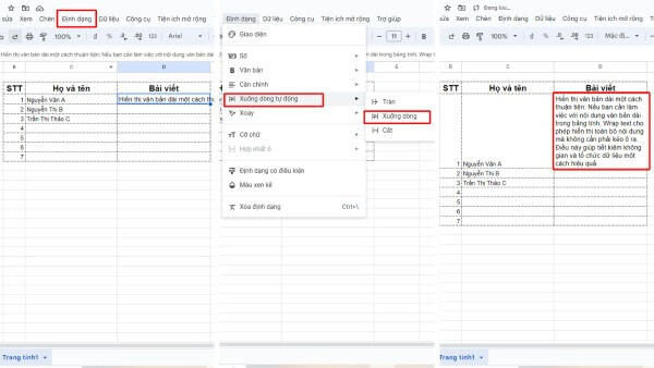 Chọn ô hoặc nhóm ô chứa nội dung hoặc dữ liệu cần hiển thị đầy đủ