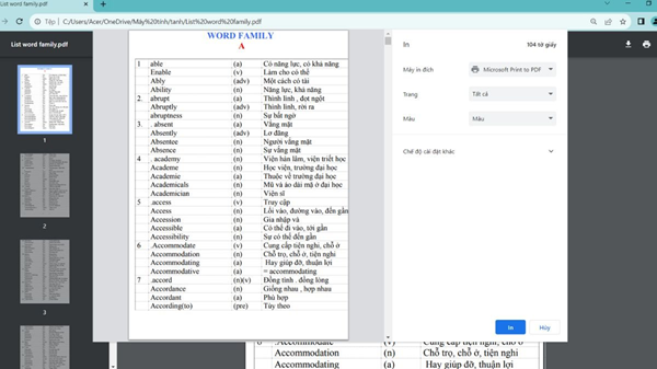 Nhấn Ctrl + P để mở cửa sổ in
