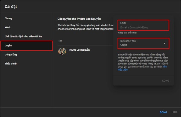 Chọn Quyền > chọn vai trò