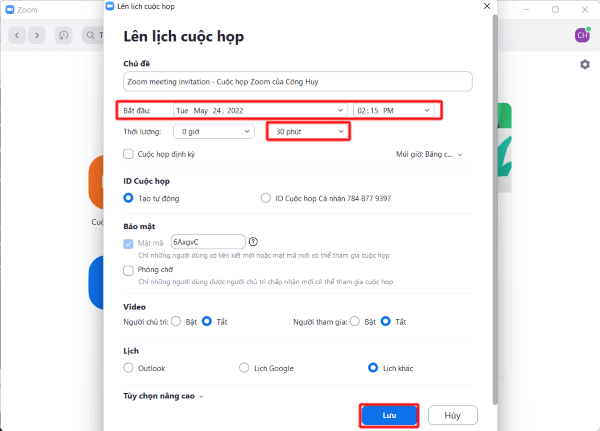 Thiết lập một cuộc họp mới với thời lượng 30 phút