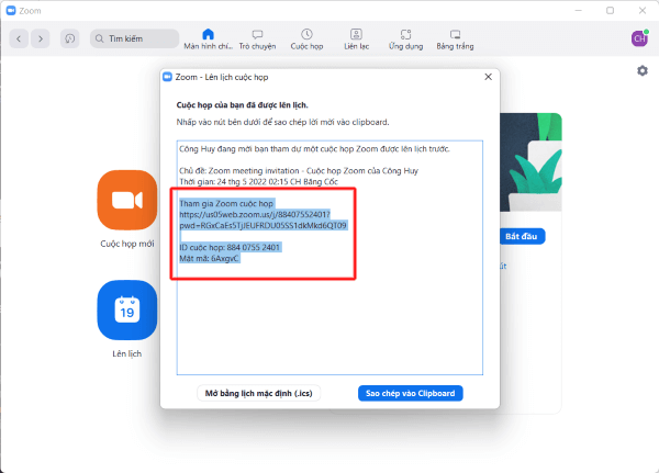 Sao chép và gửi thông tin cuộc họp cho những người tham gia