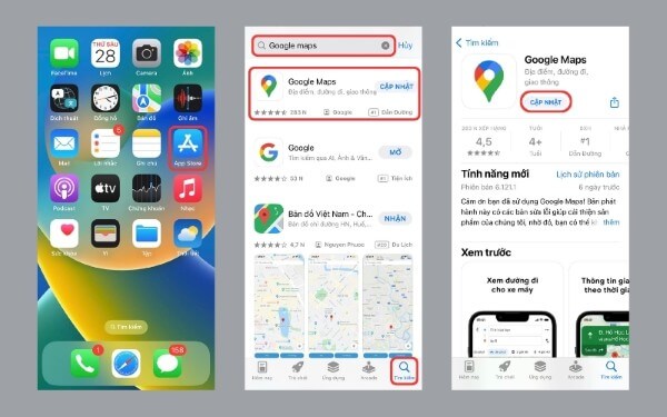 Tìm Google Maps > chọn Cập nhật 