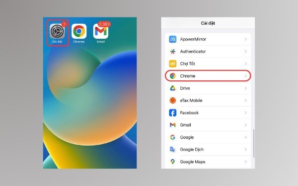 Mở Cài đặt → chọn Chrome