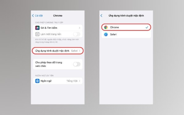 Mở Ứng dụng trình duyệt mặc định → chọn Chrome