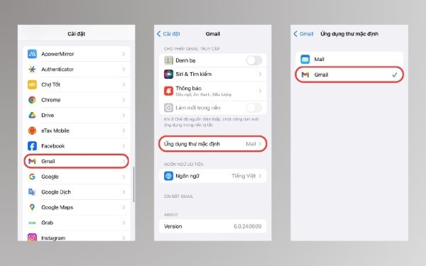Chọn Gmail → Ứng dụng trình duyệt mặc định → Gmail
