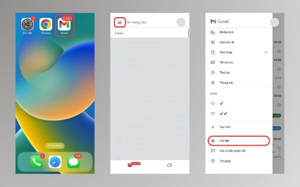 Mở Gmail → nhấn biểu tượng ba gạch → chọn Cài đặt