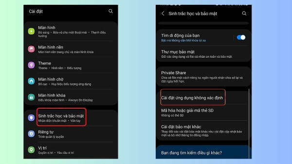 Chọn Bảo mật và Sinh trắc học > Cài đặt ứng dụng không rõ nguồn gốc