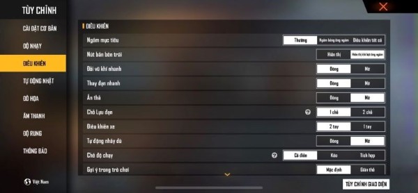 Tùy chỉnh mục Điều khiển