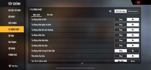 Tùy chỉnh mục Auto Pickup