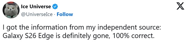 Thông tin rò rỉ cho biết Galaxy S26 Edge chắc chắn bị "khai tử"