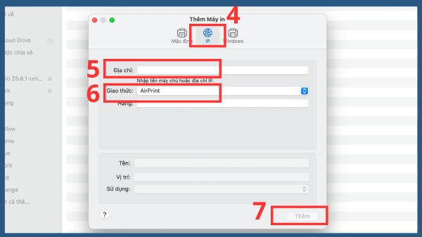 Nhập IP máy in và chọn giao thức AirPrint