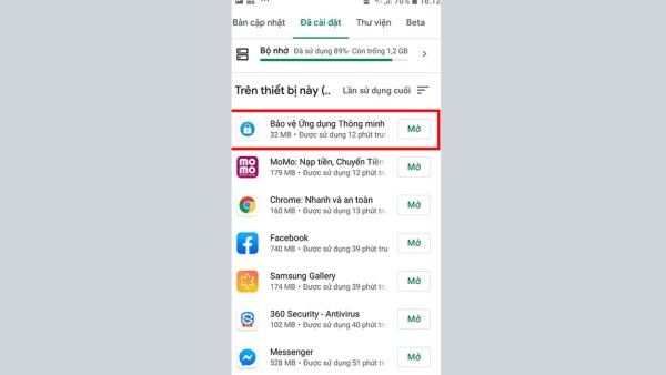 Xem danh sách ứng dụng đã cài gần đây