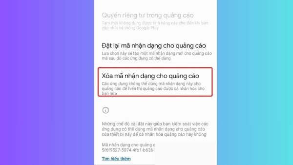Chọn Đặt lại mã định danh quảng cáo