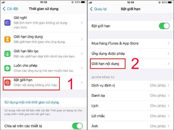 Nhấn Bật giới hạn > chọn Giới hạn nội dung