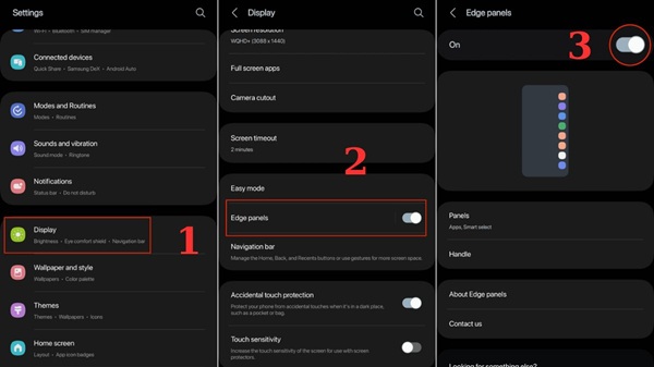 Vào phần Display trong Cài đặt, tìm tới " Edge Panels" và chuyển sang trạng thái "On"