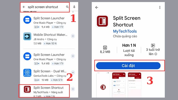Tải và cài đặt công cụ hỗ trợ "Split Screen Shortcut" từ cửa hàng ứng dụng CH Play