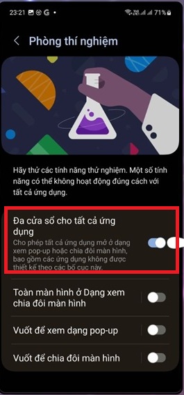 Gạt thanh trượt sang bên phải để kích hoạt tính năng "Đa cửa sổ cho tất cả ứng dụng”