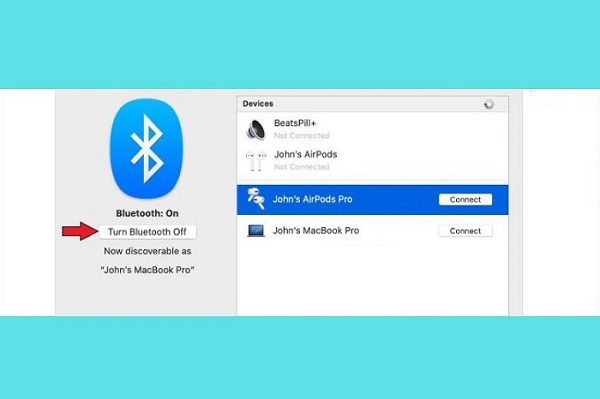 Bật Bluetooth trên Macbook và tìm thiết bị rồi tiến hành kết nối