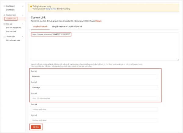 Chọn Custom Link > dán link vào ô “Chuyển đổi liên kết”