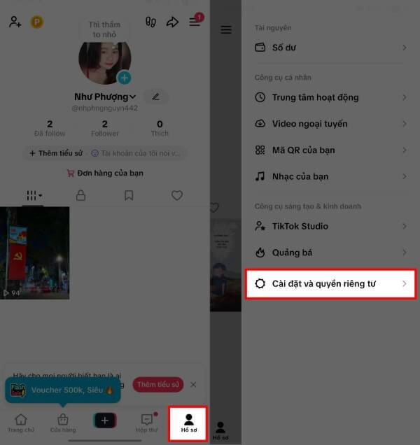 Nhấn Cài đặt và quyền riêng tư