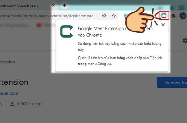 Biểu tượng tiện ích Google Meet hiện trên trình duyệt