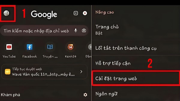 Chọn Cài đặt trang web