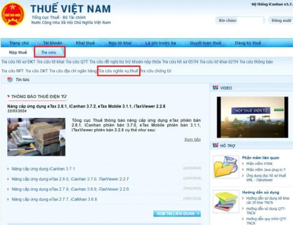 Chọn “Tra cứu” → “Tra cứu nghĩa vụ thuế”