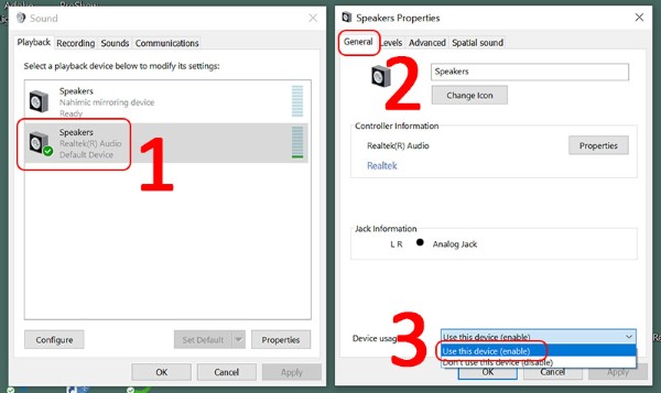 Nhấn đúp vào Speakers để mở cửa sổ Speakers Properties 