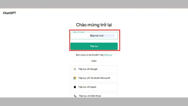  Nhập emai và mật khẩu → nhấn Tiếp tục