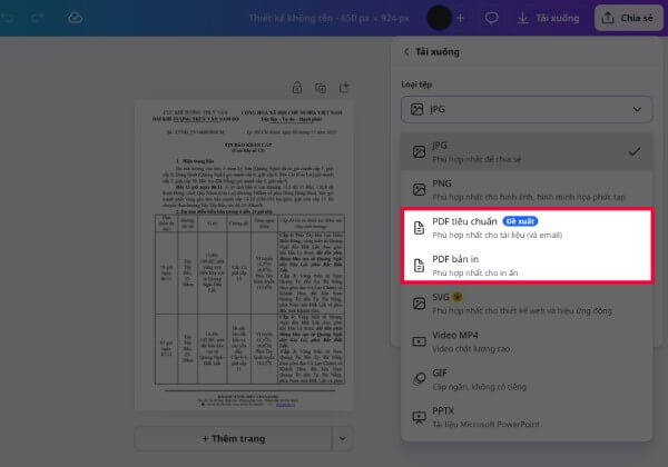 Chọn định dạng PDF bản in